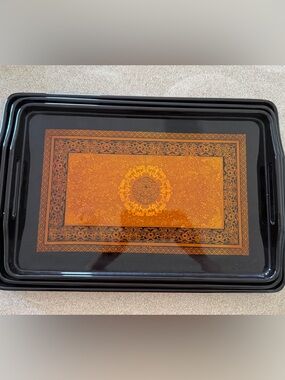 Decorative Black and Orange Serving Tray with Ornate Center Medallion